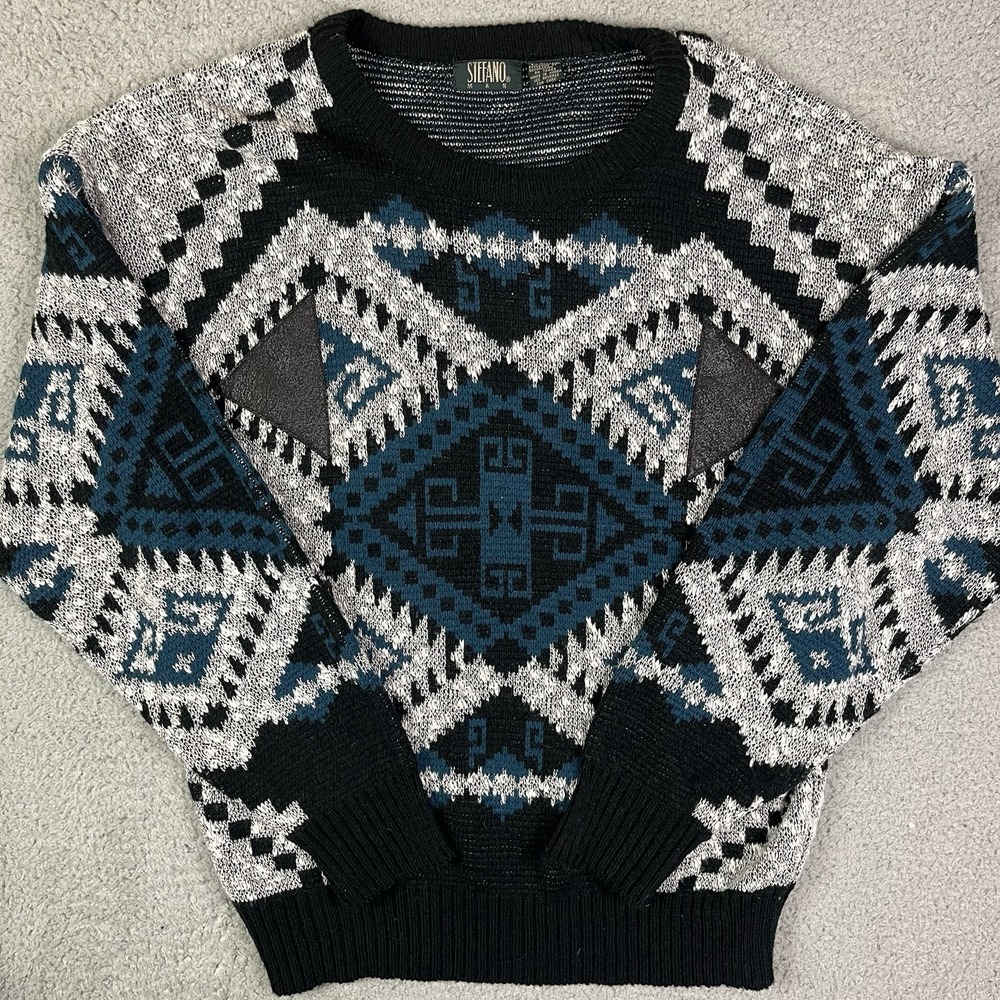 Vintage 90s Stefano Man Sweater Abstract Knit Pullover Black Gray Blue Pattern